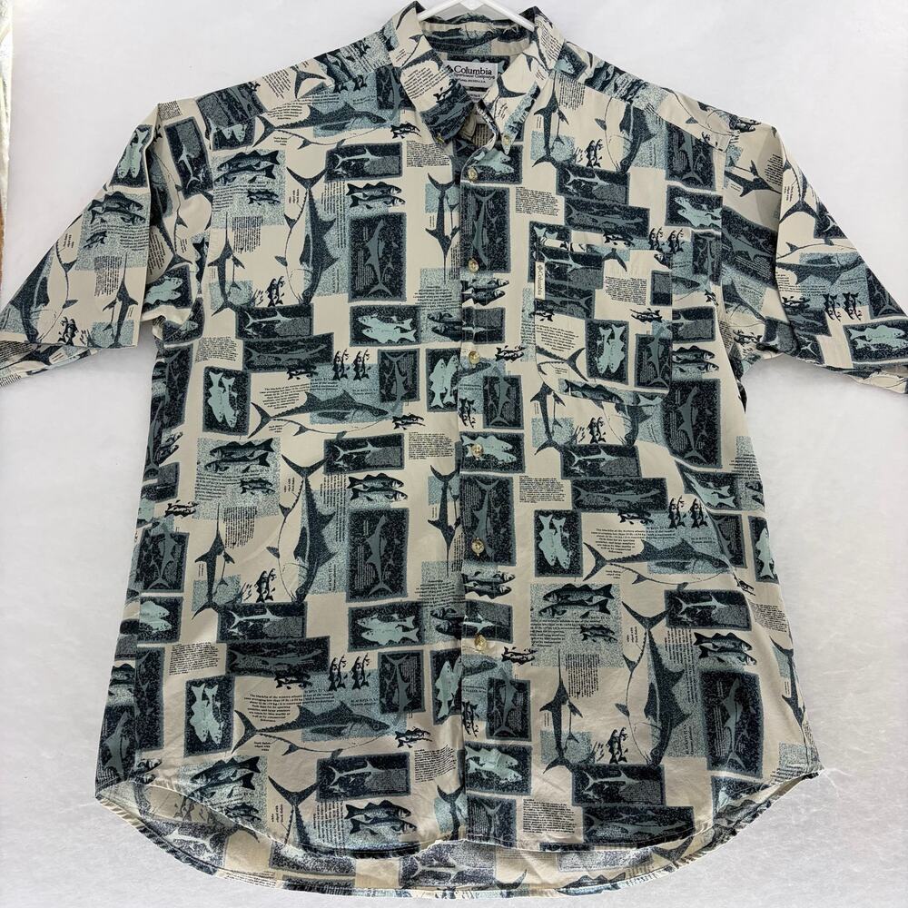Columbia Sportswear Fish Print Button Up Shirt Mens L Fishing Vintage
